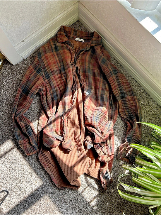 Free People Tops - Free People x CP Shades Ruffle Plaid Shirt Brown & Blue